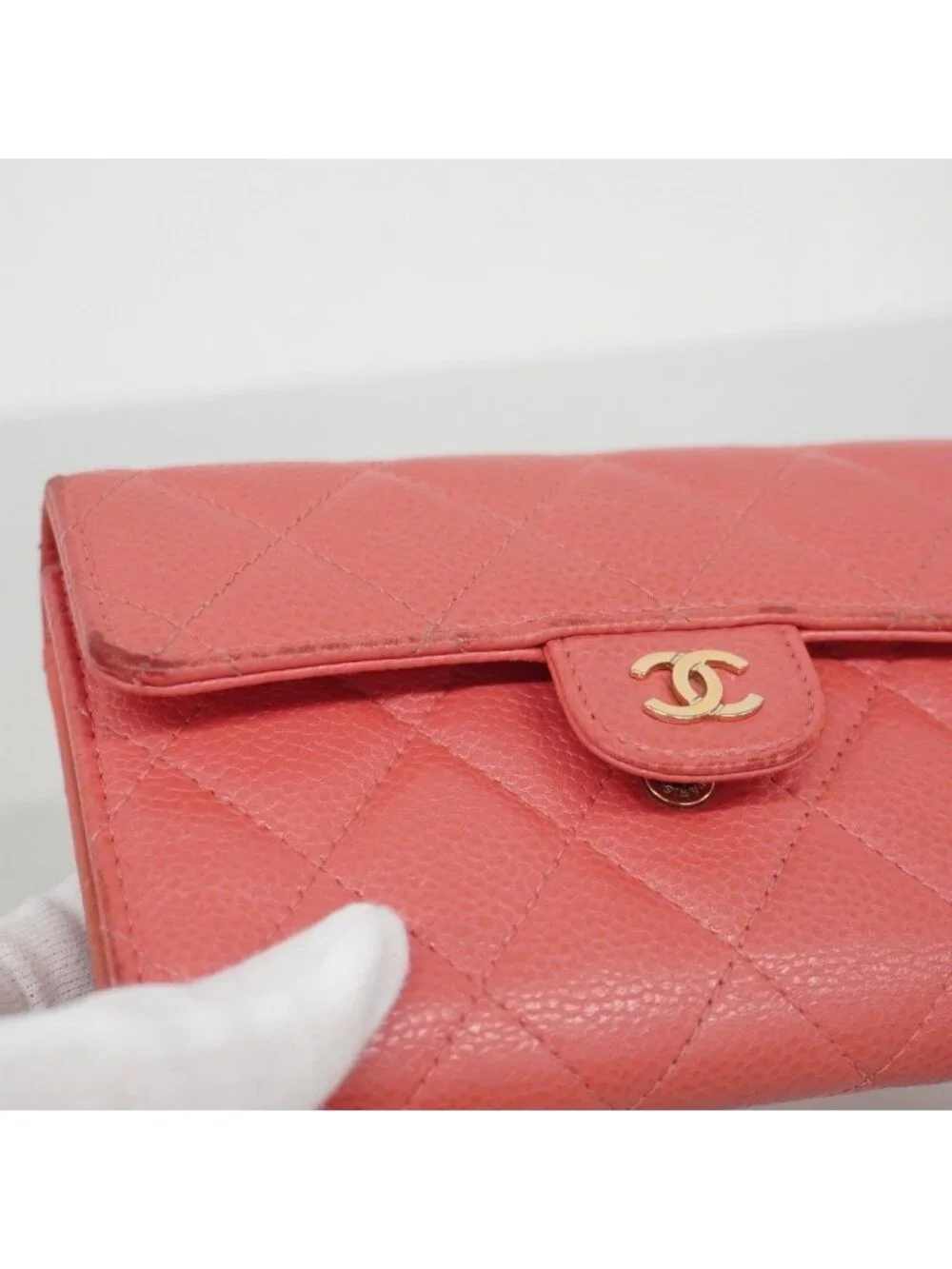 Chanel Trifold Wallet Quilted Caviar Leather Pink Gold